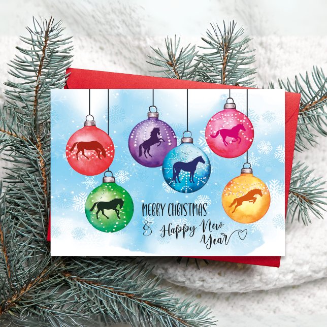 Carte Chevaux dans les boules de Noël (Horses in Christmas Balls, Christmas Greetings card)