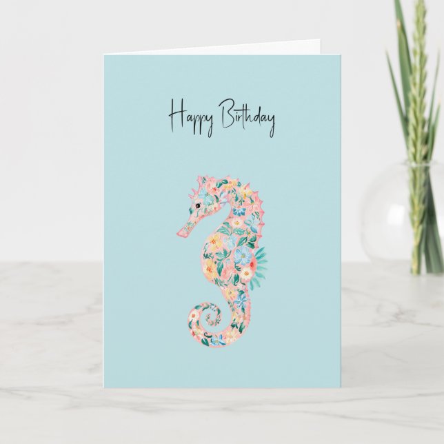 Carte Chevaux de mer bleu vert rose menthe Anniversaire  (Devant)