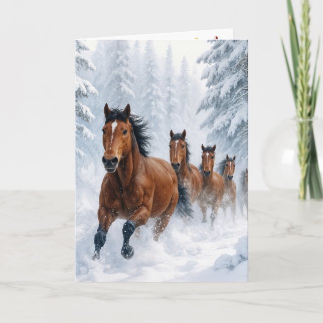 Carte Chevaux de Noël courant à travers une forêt enneig (Devant)
