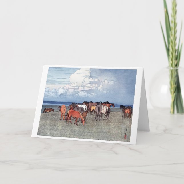 Carte Chevaux de ranch, Hiroshi Yoshida, Woodcut (Devant)