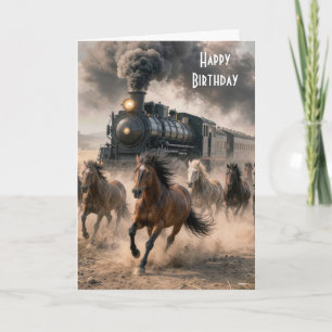 Carte Chevaux sauvages d'anniversaire avec train à vapeu