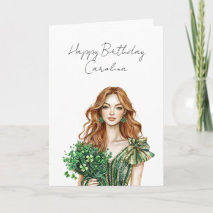 Carte Cheveux Rouges Femme Vert Or Paillettes Anniversai