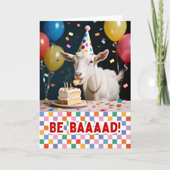 Carte Chèvre d'anniversaire drôle mangeant du gâteau  (Devant)