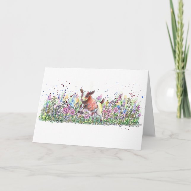 Carte Chèvre de bébé en champ de fleurs (Devant)