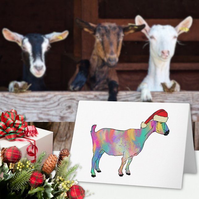 Carte Chèvre de Noël coloré (Christmas goat colorful farm animal art holiday card cute goat wearing a Santa hat watercolor)