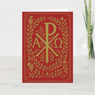 Carte Chi Rho Alpha Oméga Symbole Doré sur Fond Rouge