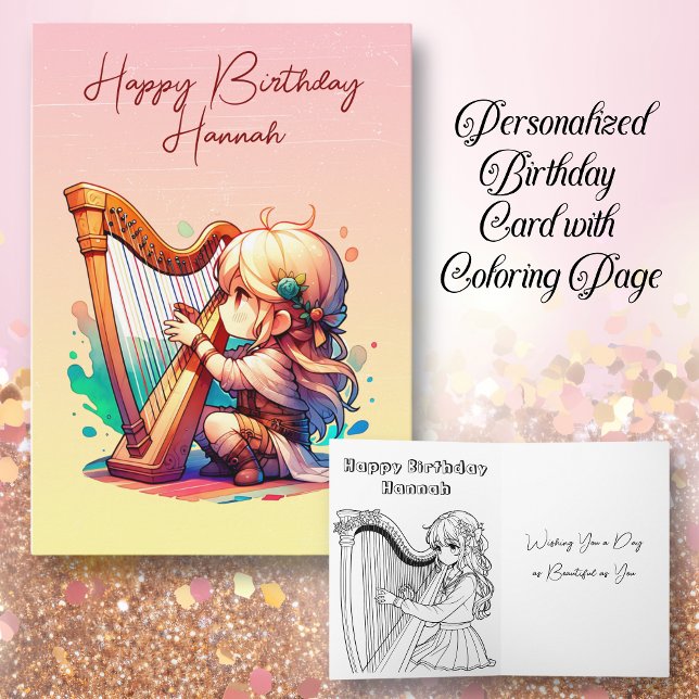Carte Chibi Fille Jouer De La Harpe Anniversaire Personn (Créateur téléchargé)