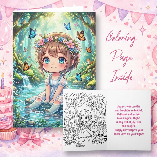 Carte Chibi Girl in Enchanted Forest Birthday | Color Me (Créateur téléchargé)