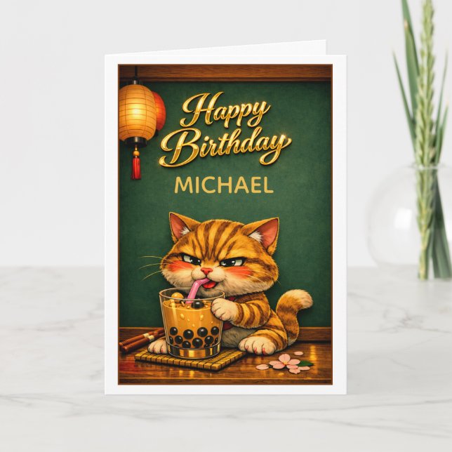 Carte Chibi Neko Chat Tigre Boba Bubble Tea Anniversaire (Devant)