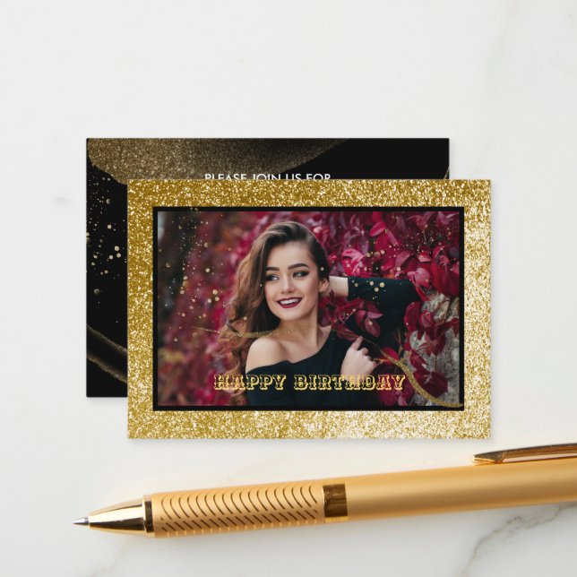 Carte Chic Black & Gold Anniversaire de fête (Devant/Arrière en situation)