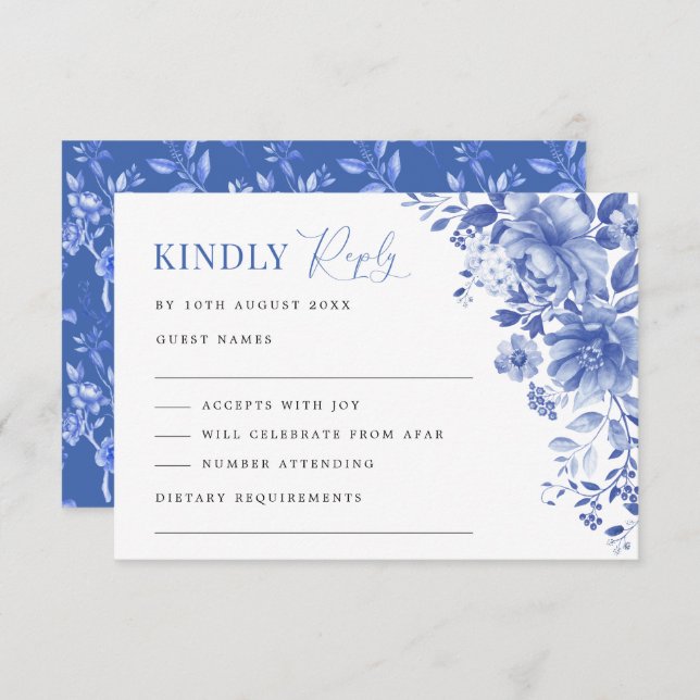 Carte Chic Bleu Blanc Chinoiserie Floral Wedding RSVP (Devant / Derrière)