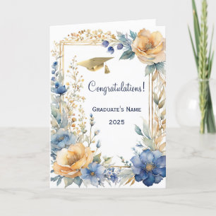 Carte Chic Blue Flower Golden Personnalisé Graduation