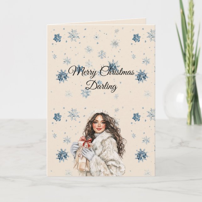 Carte Chic Blue Snowflakes Brown Hair Female (Devant)