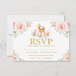 Carte Chic Blush Gold Woodland Floral Bébé Animaux RSVP