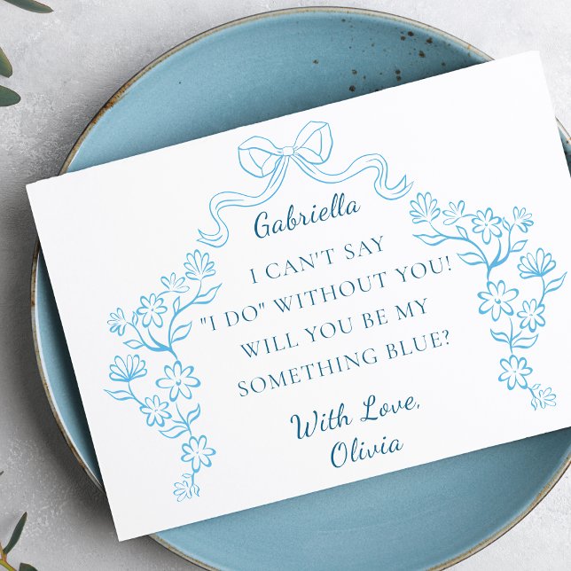Carte Chic Bow Quelque Chose Blue Crew Brive Party Propo (Propose to your bridesmaids with this beautifully designed floral bow 'Something Blue' card.)