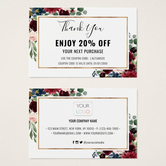 Carte Chic Burgundy Blush Floral rabais Coupon (Devant & derrière)