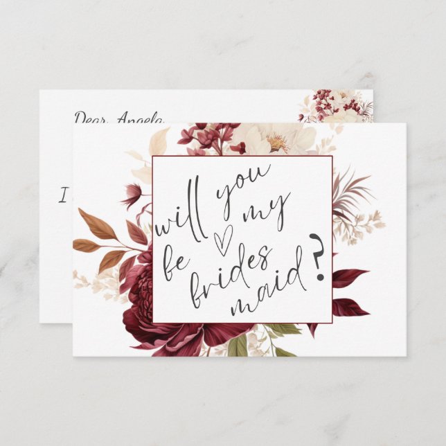Carte Chic Burgundy Flowers Bridesmaid (Devant / Derrière)
