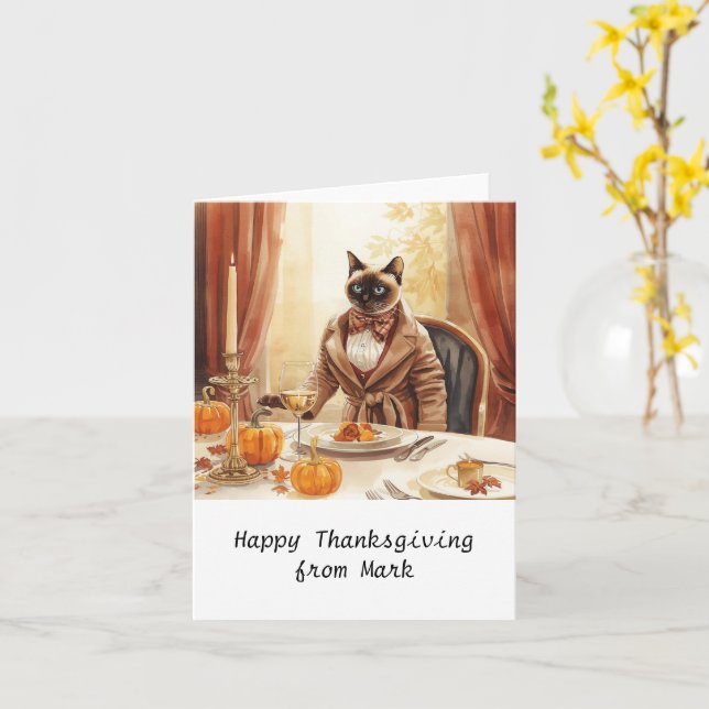 Carte Chic d'automne Siamese Chat hôte chat au dîner (Fleur jaune)