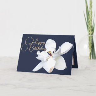 Carte Chic Floral Blanc Magnolia Fleur Bleu Anniversaire