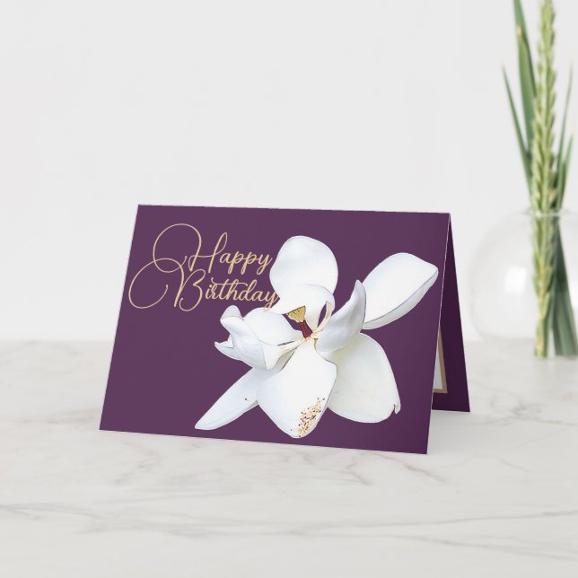 Carte Chic Floral Blanc Magnolia Fleur pourpre Anniversa (Devant)
