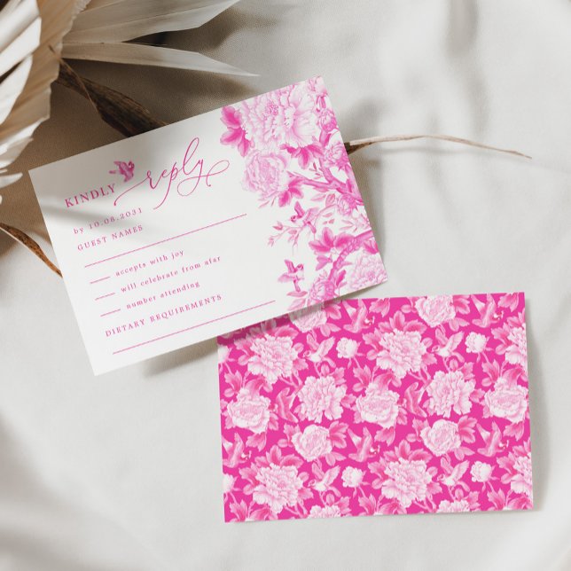 Carte Chic Fuchsia Chinoiserie Bird Peony Wedding RSVP (Créateur téléchargé)