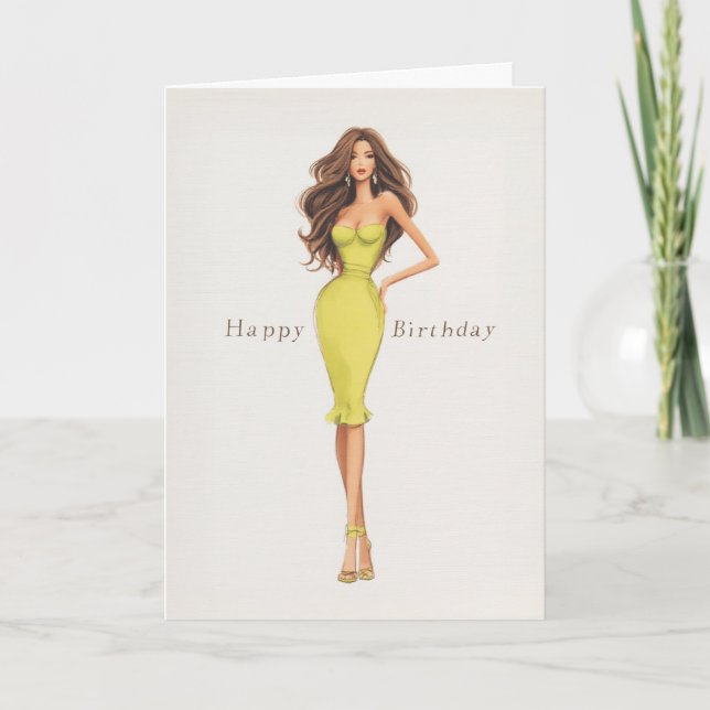 Carte Chic Glam Brunette Woman in Yellow Dress Birthday (Devant)