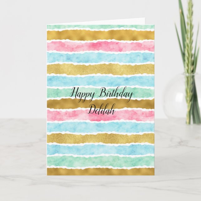 Carte Chic Gold Watercolor Stripes Anniversaire (Devant)