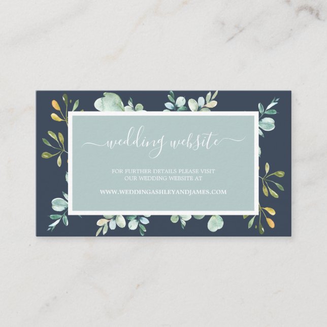 Carte Chic Green Foliage Mariage bleu foncé (Devant)