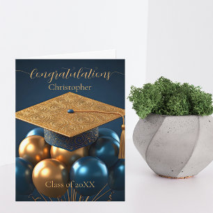 Carte Chic Marine et Gold Graduation Cap et Ballons