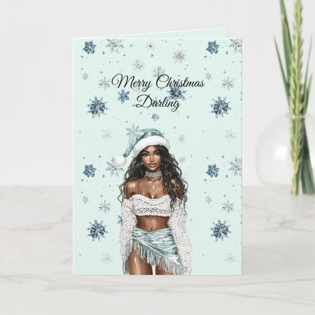Carte Chic Mint Blue Snowflakes Black Hair Female (Devant)