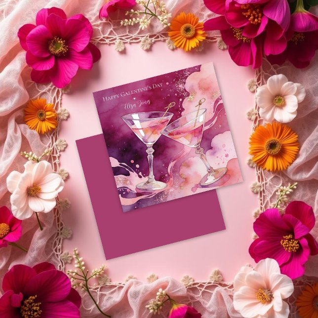 Carte Chic Romantic Pink Martini Galentines Day (Glam Romantic Pink Martini Glasses Happy Galentine’s Day Cards.)