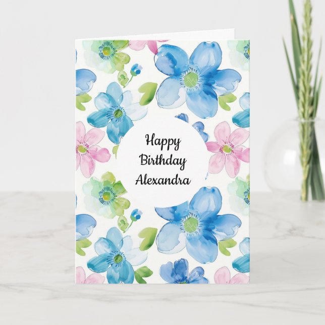 Carte Chic Rose Vert Bleu Floral Anniversaire (Devant)