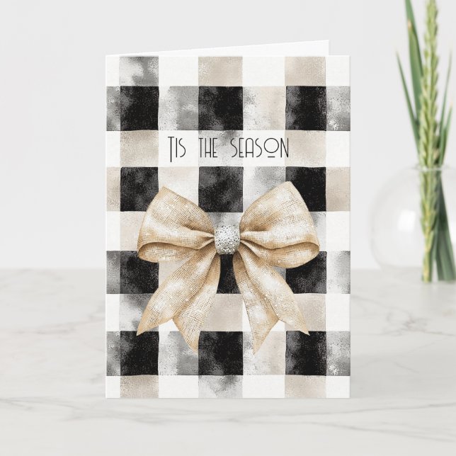 Carte Chic Rustique Crème de Noël Noir Argent Bow (Devant)