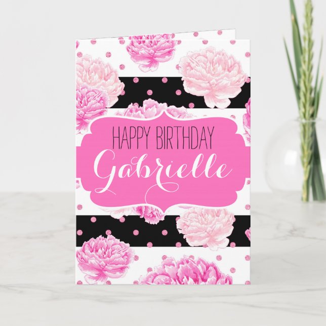 Carte Chic Stripes Rose Floral Aquarelle Joyeux Annivers (Devant)