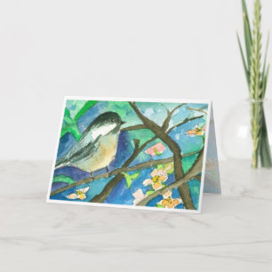 Carte Chickadee Birds Watercolor Painting Happy Birthday