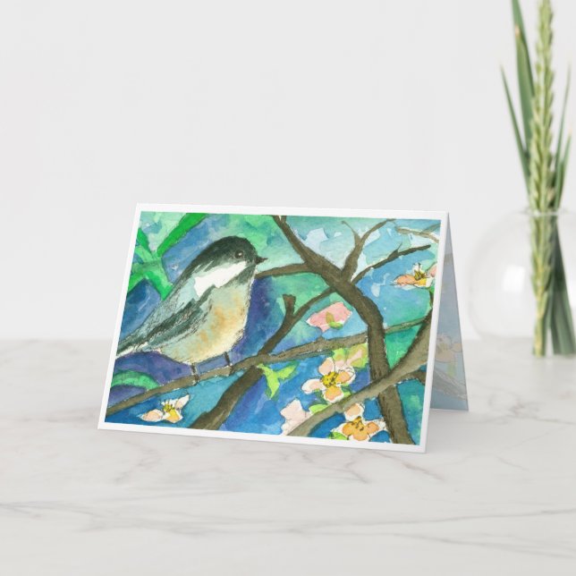 Carte Chickadee Birds Watercolor Painting Happy Birthday (Devant)