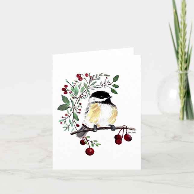 Carte Chickadee Watercolor Charming Note Card (Cute watercolor chickadee on branch with berries note card from Jenn Steffen Art)