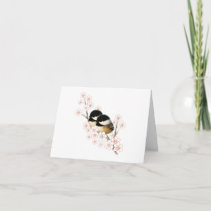 Carte Chickadees Cherry Blossom Blank Grey Card