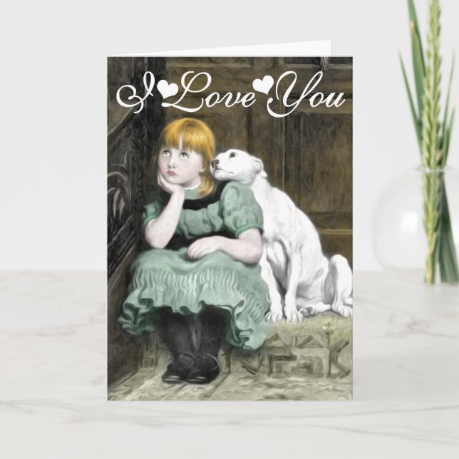 Carte Chien Adoring Girl Victorian Peinture Je Vous Aime (Devant)