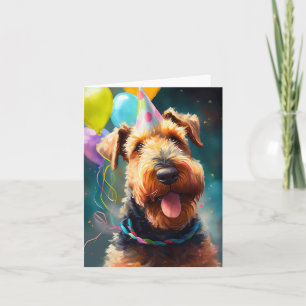 Carte Chien Airedale avec casquette d'anniversaire et ba