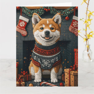 Carte Chien Akita avec cheminée de cadeaux de Noël