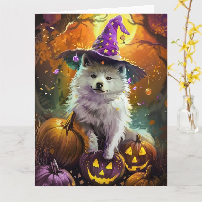 Carte Chien américain eskimo effrayant sorcière d'Hallow (Fleur jaune)