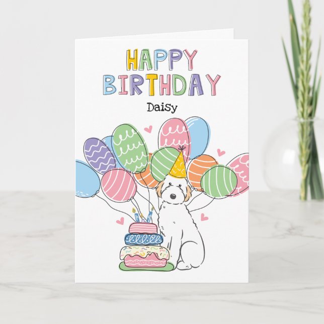 Carte Chien Aussiedoodle Blanc Joyeux anniversaire (Devant)