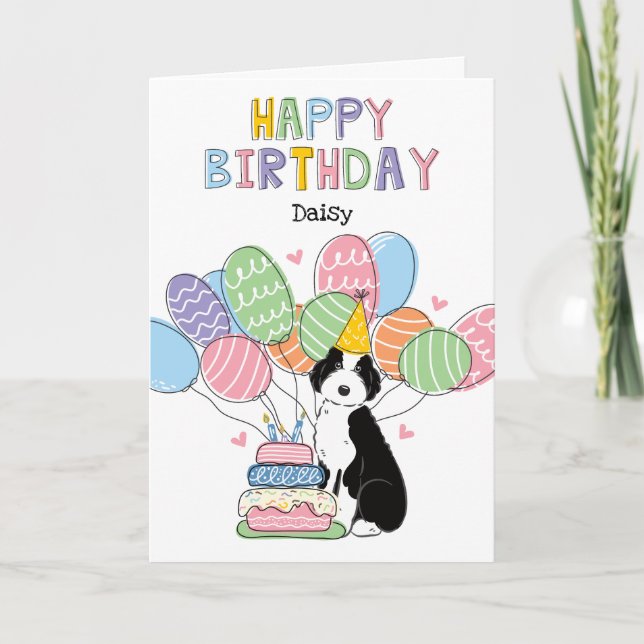 Carte Chien Aussiedoodle Blanc Noir Joyeux Anniversaire (Devant)