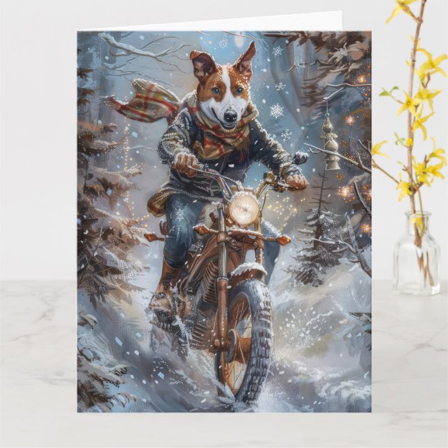 Carte Chien Basenji à moto Noël (Fleur jaune)