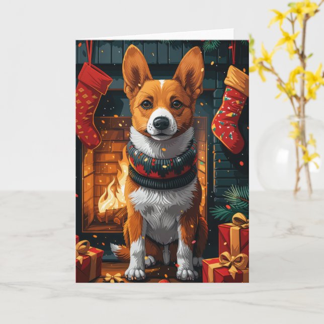 Carte Chien Basenji avec des cadeaux de Noël Cheminée (Fleur jaune)