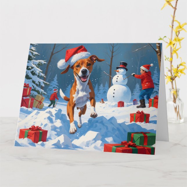 Carte Chien Basenji jouant sur la scène hivernale de nei (Fleur jaune)