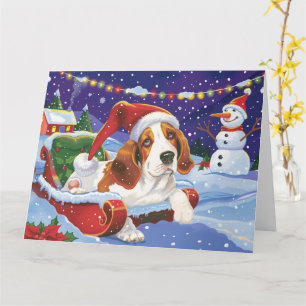 Carte Chien Basset Hound dans Traîneau Neige Noël