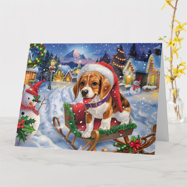 Carte Chien beagle à Sleigh neige Noël (Fleur jaune)