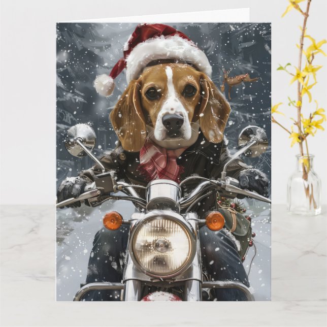 Carte Chien Beagle à Vélo à Noël (Fleur jaune)